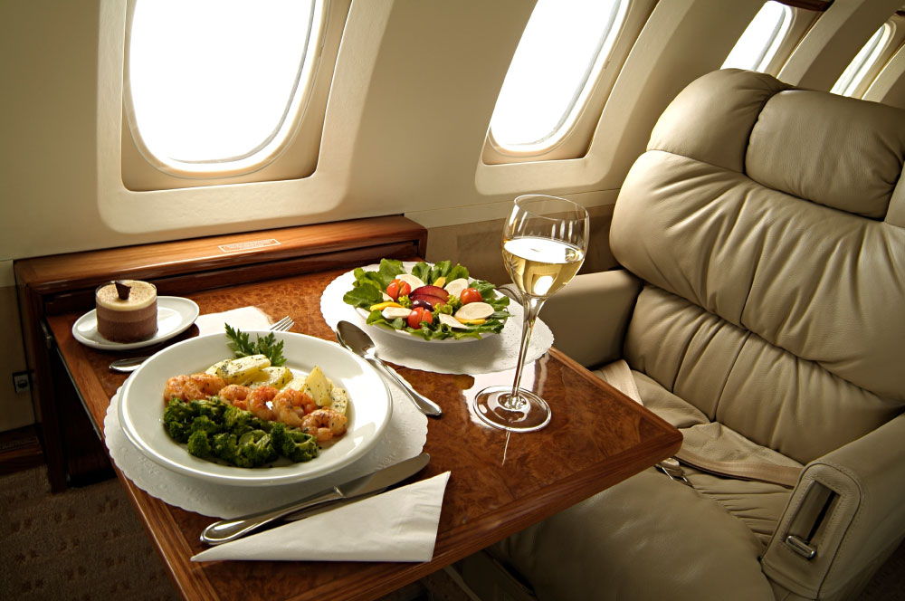 a catered meal on a private aircraft