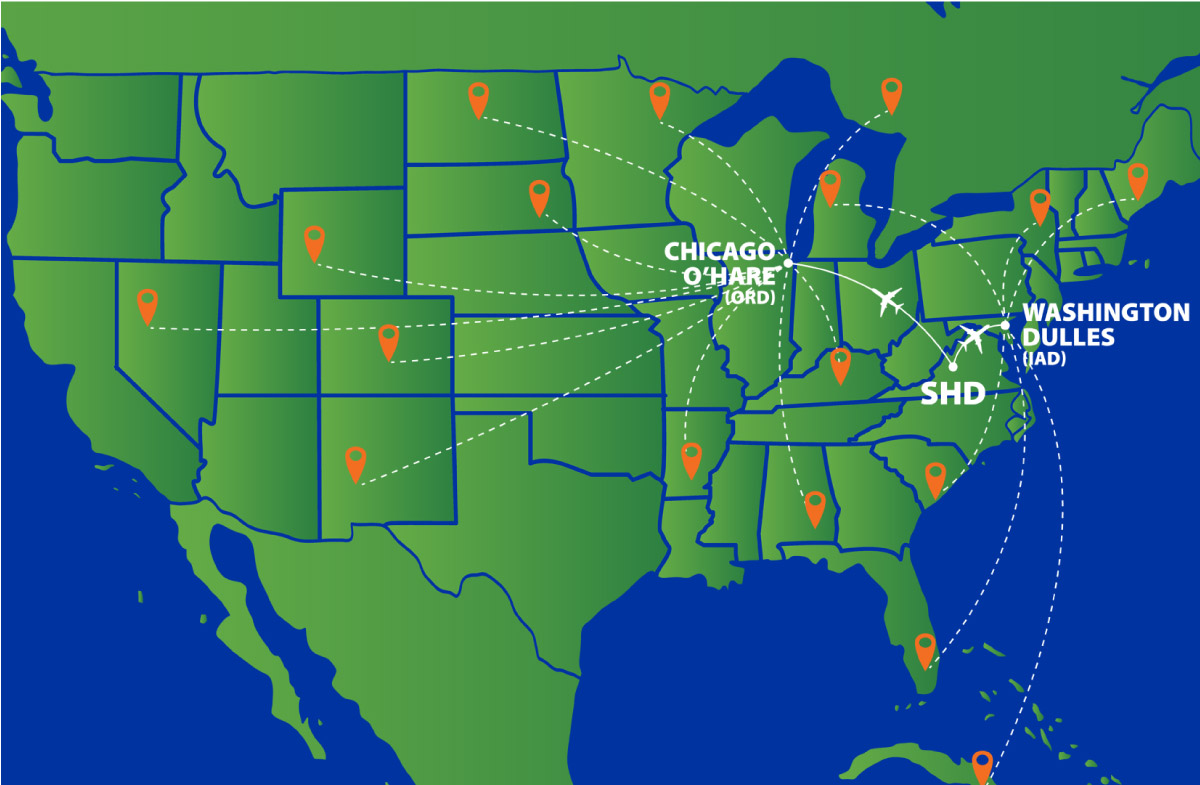 a map of the US showing the many flights you can take from SHD